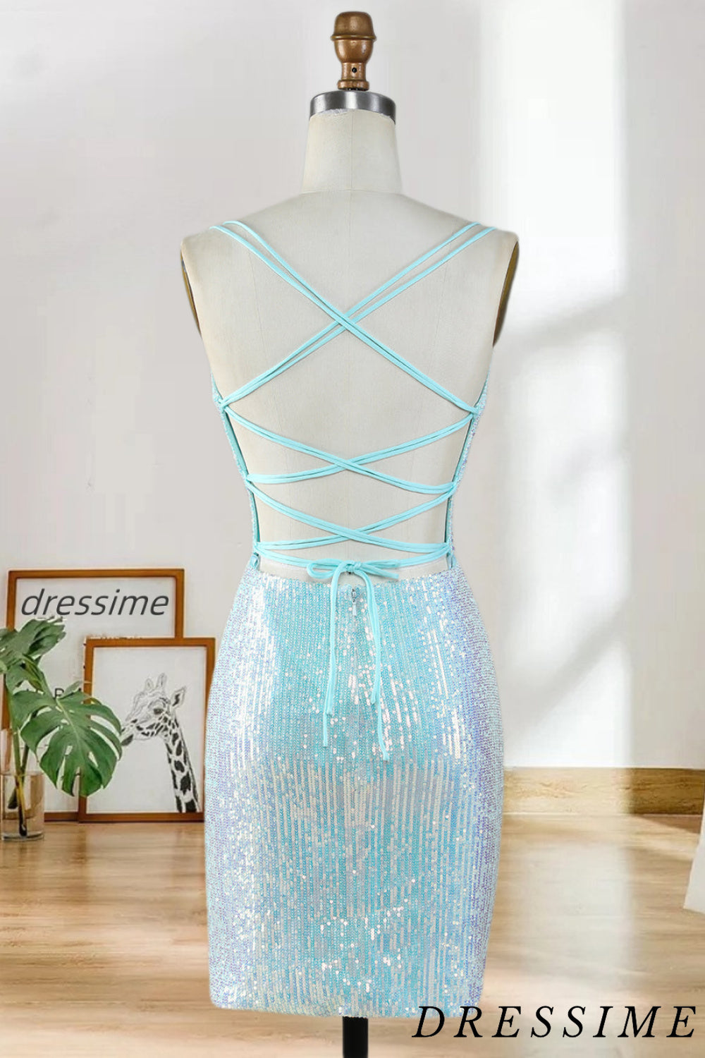 Dressime Sheath Deep V Neck Sleeveless Blue Above-Knee Homecoming Dress Cocktail Dresses With Sequins dressime