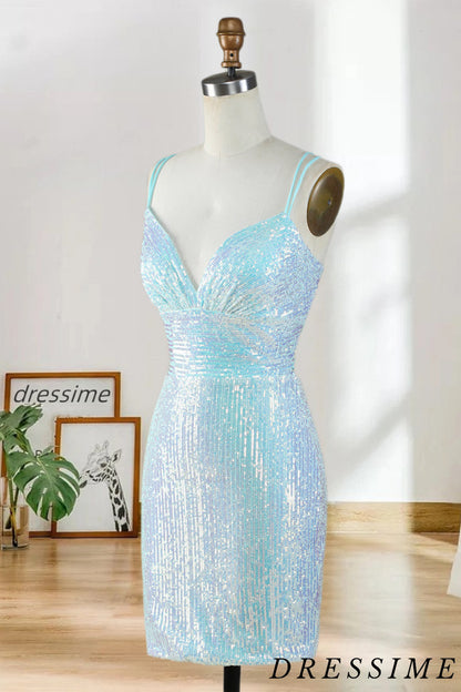 Dressime Sheath Deep V Neck Sleeveless Blue Above-Knee Homecoming Dress Cocktail Dresses With Sequins dressime