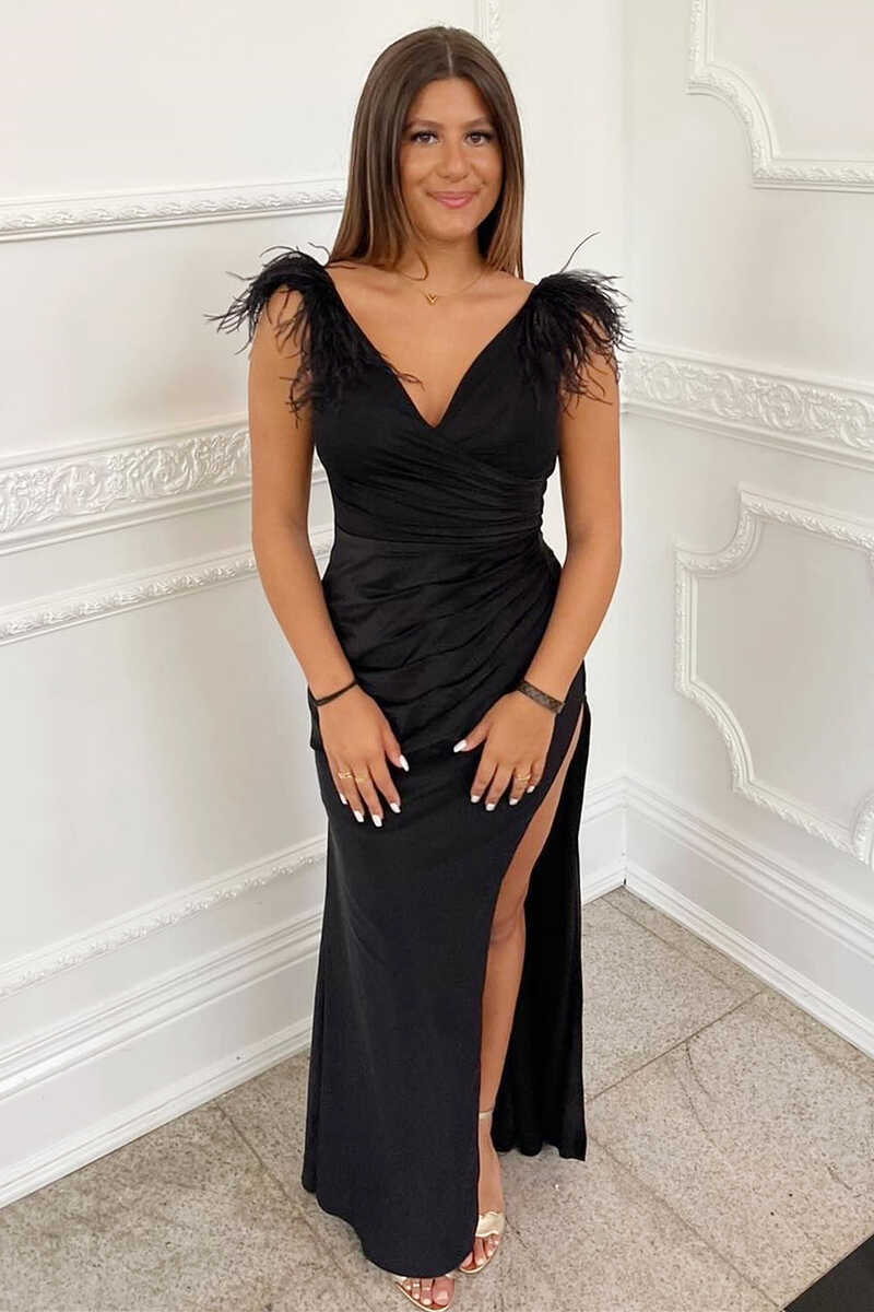 dressimeDressime Sheath Feather V-Neck Long Prom Dress with Slit 