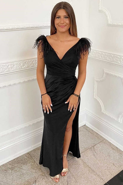 dressimeDressime Sheath Feather V-Neck Long Prom Dress with Slit 