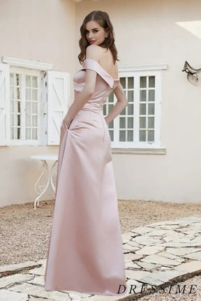 Dressime Sheath Off The Shoulder Satin Long Bridesmaid Dress With Slit dressime