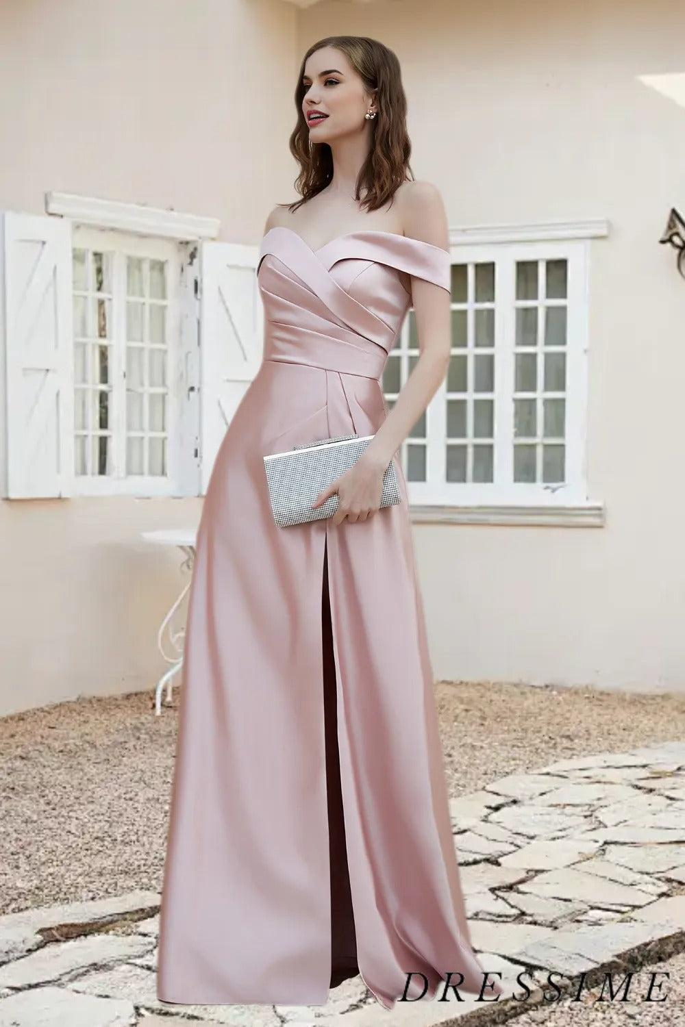 Dressime Sheath Off The Shoulder Satin Long Bridesmaid Dress With Slit dressime