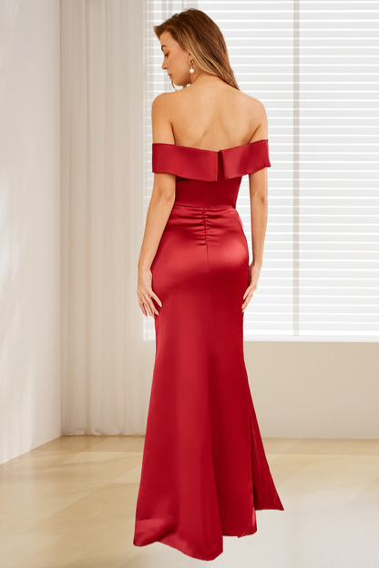 Dressime Sheath Off the Shoulder Satin Long Bridesmaid Dress with Split dressime