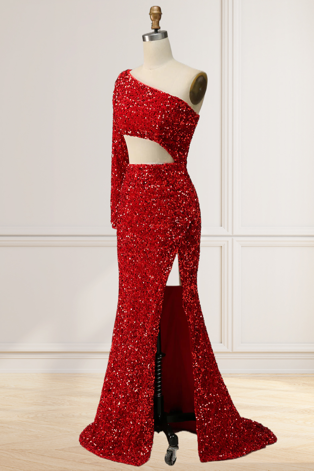 Dressime Sheath One Shoulder Red Sequins Long Prom Dress with Silt dressime