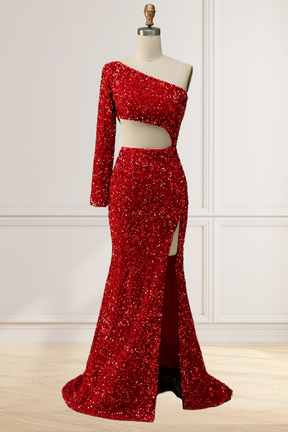 Dressime Sheath One Shoulder Red Sequins Long Prom Dress with Silt dressime