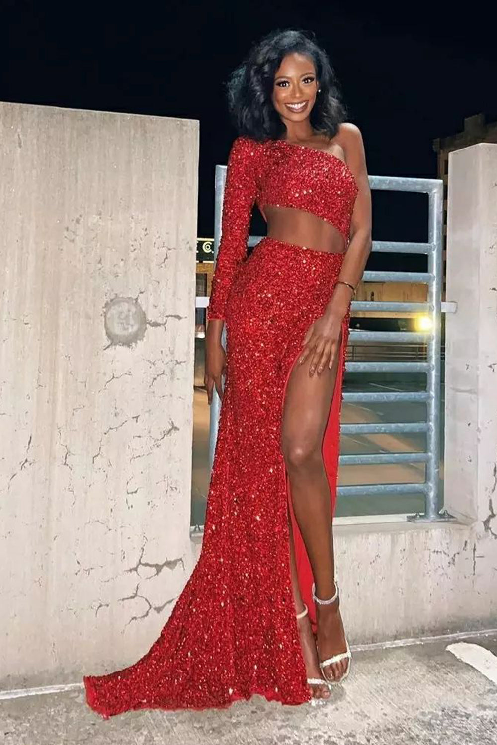 dressimeSheath One Shoulder Red Sequins Long Prom Dress with Silt 