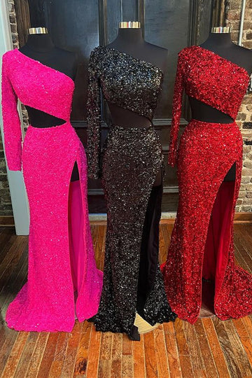 dressimeSheath One Shoulder Red Sequins Long Prom Dress with Silt 