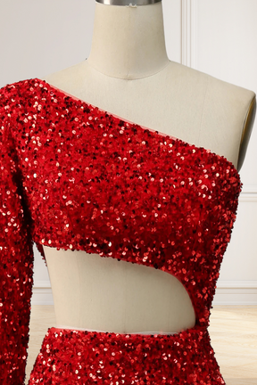 Dressime Sheath One Shoulder Red Sequins Long Prom Dress with Silt dressime