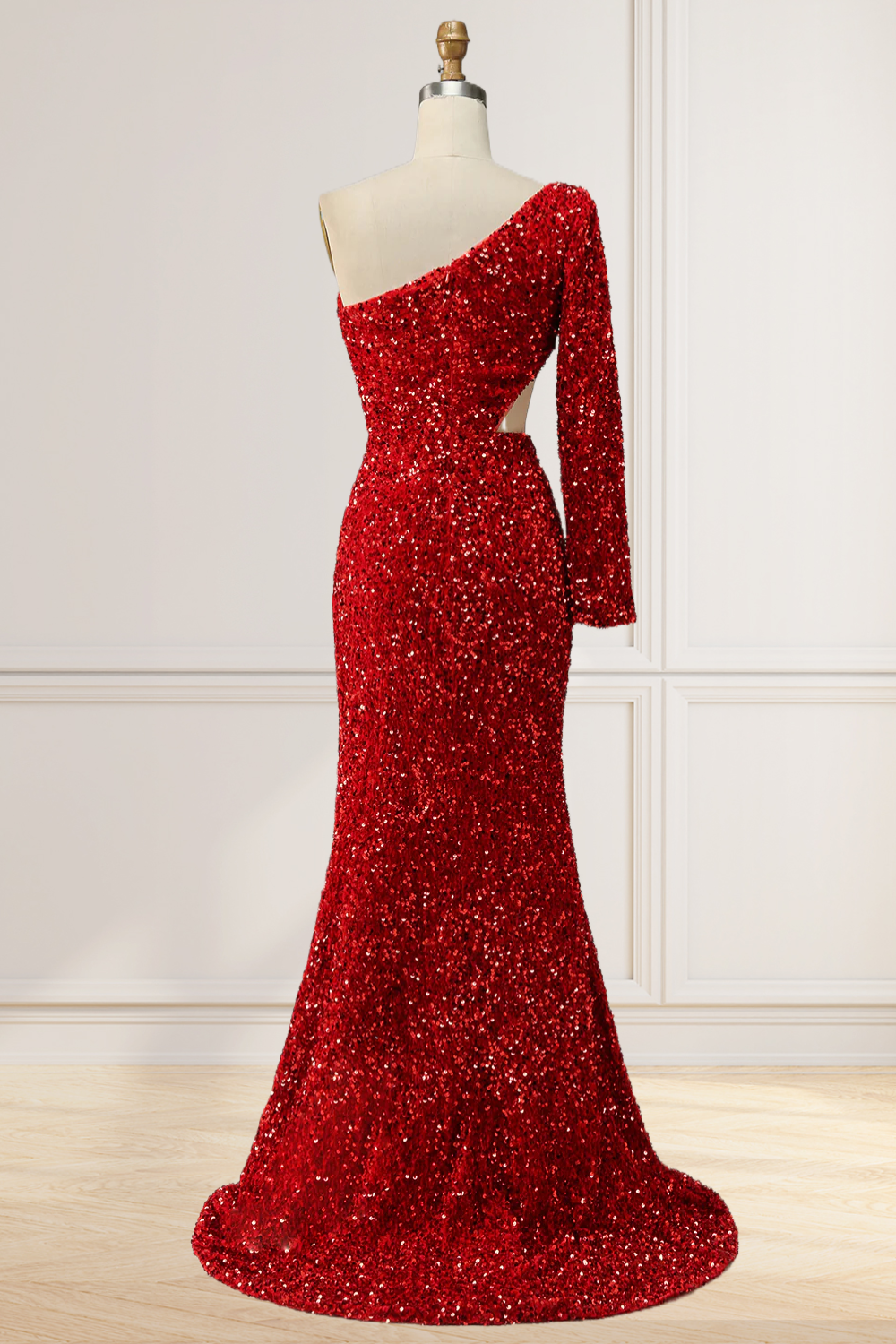 Dressime Sheath One Shoulder Red Sequins Long Prom Dress with Silt dressime