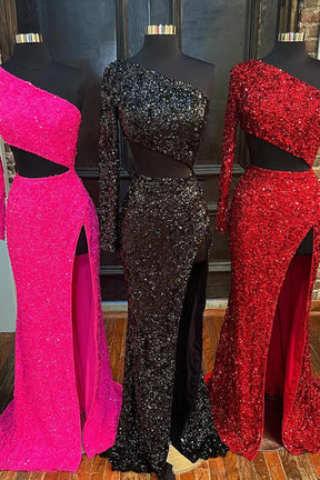 dressimeSheath One Shoulder Red Sequins Long Prom Dress with Silt 