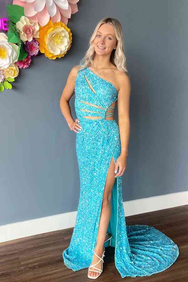 Dressime Sheath One Shoulder Sequin Keyhole Long Prom Dress With Slit dressime