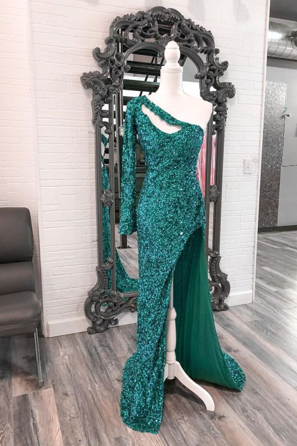 Dressime Sheath One Shoulder Sequin Keyhole Sleevs Long Prom Dress With Slit dressime