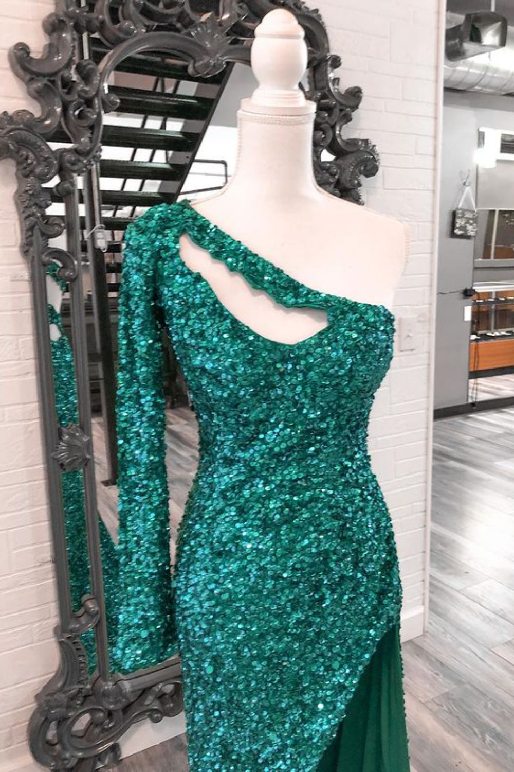 Dressime Sheath One Shoulder Sequin Keyhole Sleevs Long Prom Dress With Slit dressime