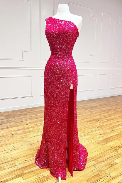 dressimeSheath One Shoulder Sequins Long Prom Dresses with Split 