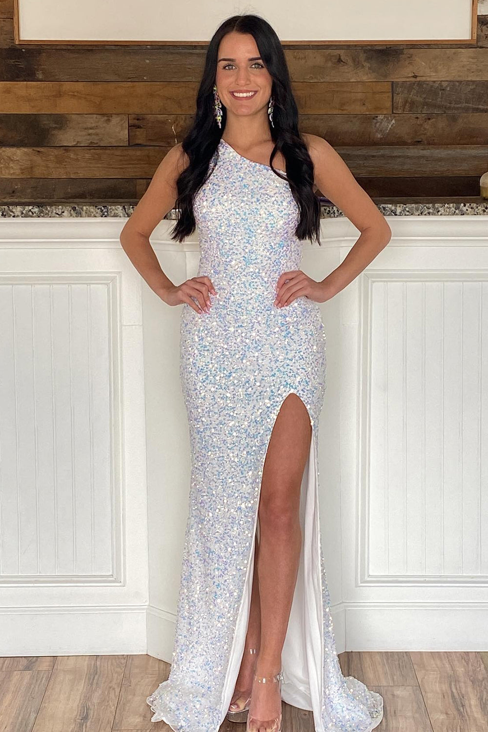 dressimeSheath One Shoulder Sequins Long Prom Dresses with Split 