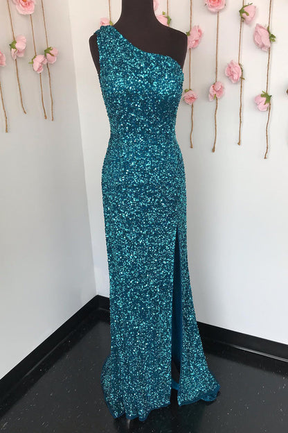 dressimeSheath One Shoulder Sequins Long Prom Dresses with Split 