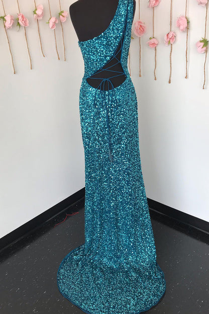 dressimeSheath One Shoulder Sequins Long Prom Dresses with Split 