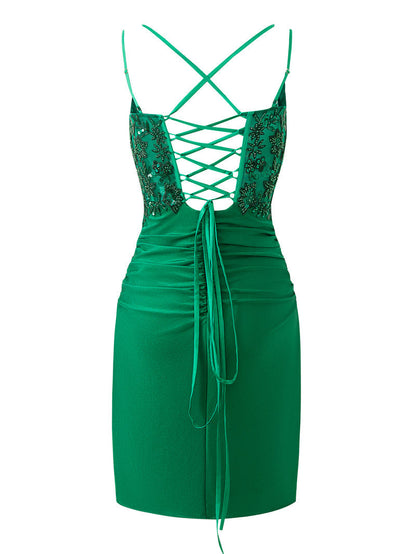 dressimeSheath Spaghetti Straps Beaded Short Homecoming Cocktail Dresses 