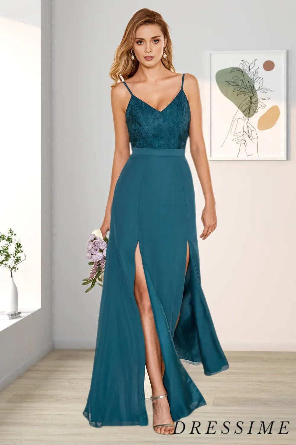 Dressime Sheath Spaghetti Straps Lace Polyester Long Bridesmaid Dress with Slit dressime