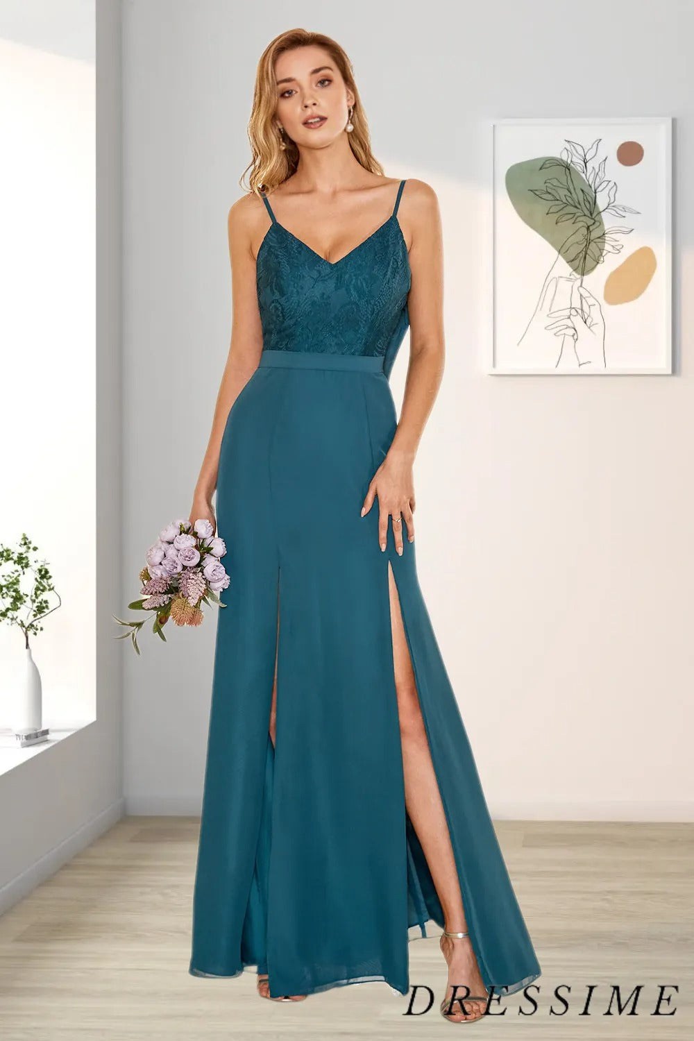 Dressime Sheath Spaghetti Straps Lace Polyester Long Bridesmaid Dress with Slit dressime