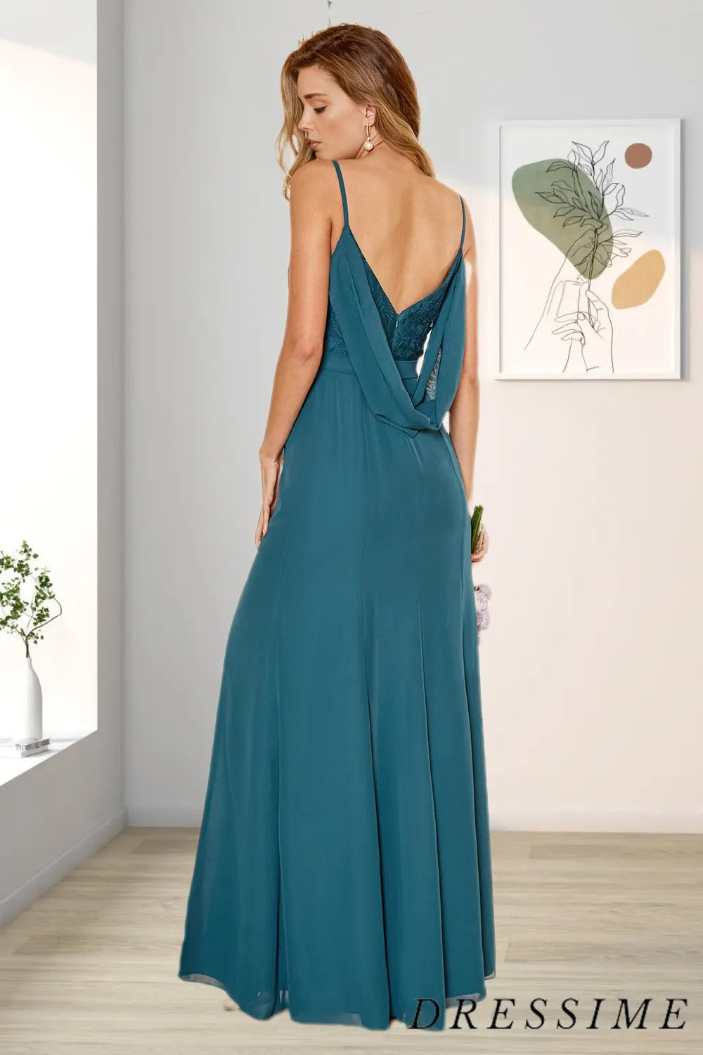 Dressime Sheath Spaghetti Straps Lace Polyester Long Bridesmaid Dress with Slit dressime