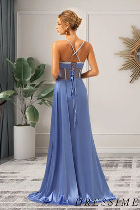 Dressime Sheath Spaghetti Straps Satin Beaded Slit Long Prom Dress With Train dressime