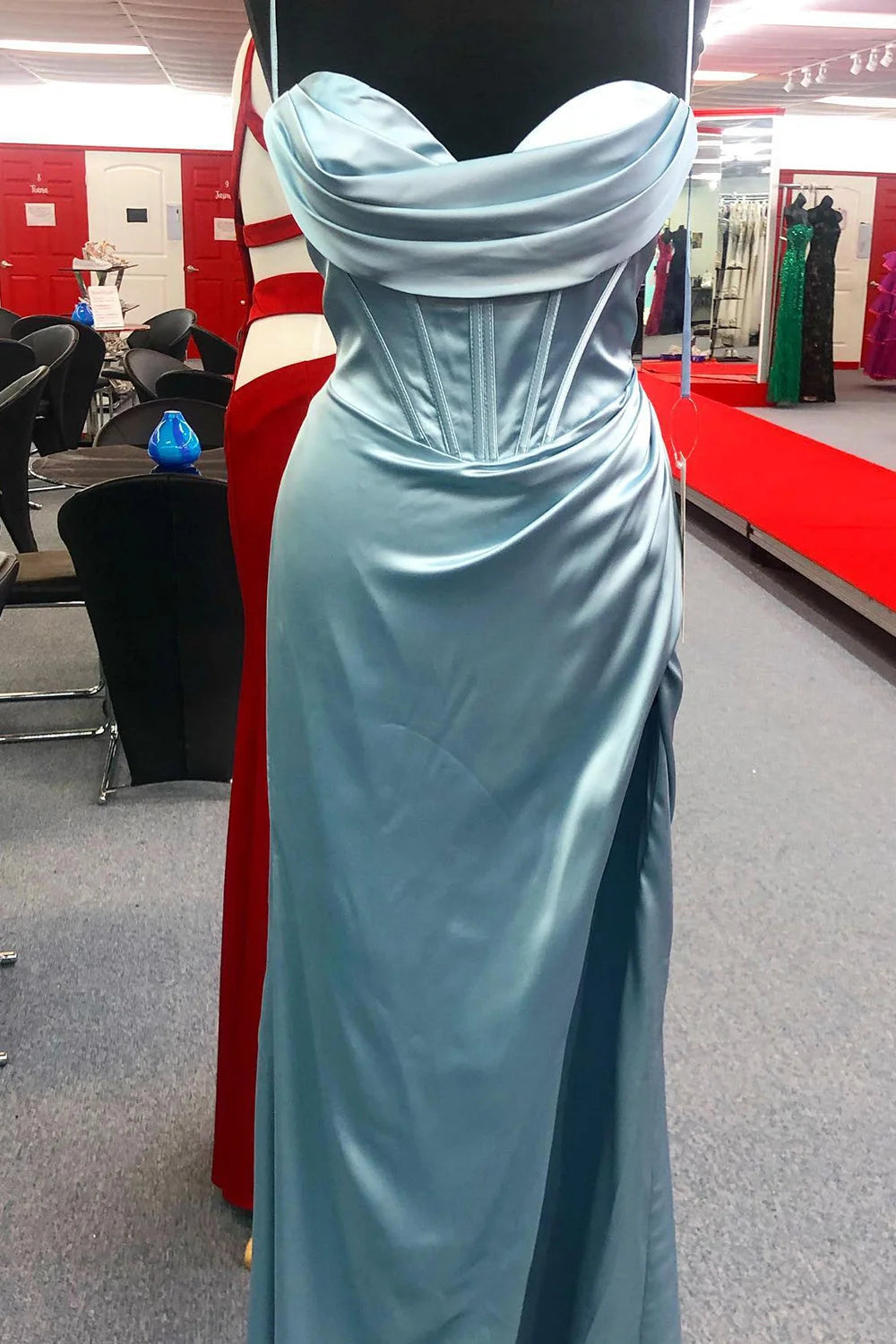 dressimeSheath Spaghetti Straps Satin Prom Dresses with Slit 