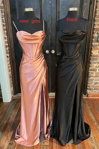 dressimeSheath Spaghetti Straps Satin Prom Dresses with Slit 