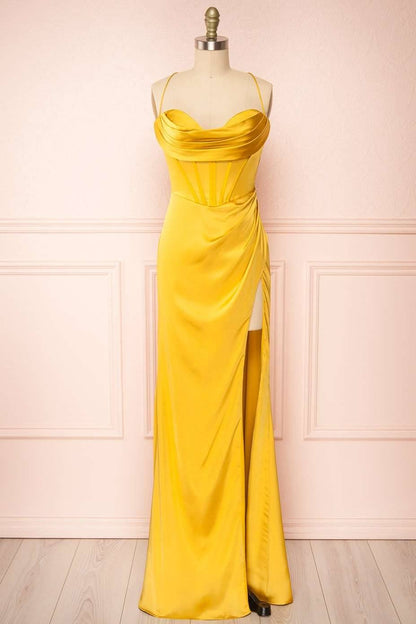 dressimeSheath Spaghetti Straps Satin Prom Dresses with Slit 