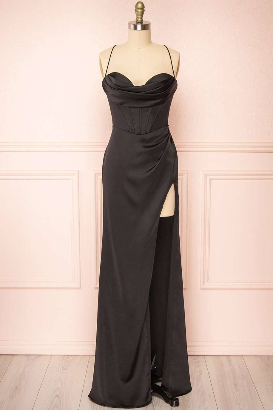 dressimeSheath Spaghetti Straps Satin Prom Dresses with Slit 