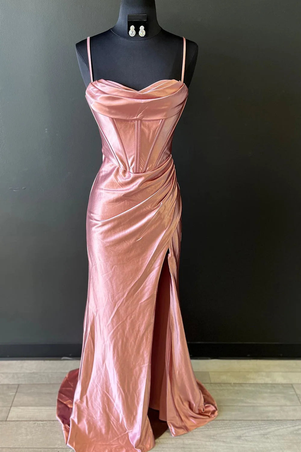 dressimeSheath Spaghetti Straps Satin Prom Dresses with Slit 