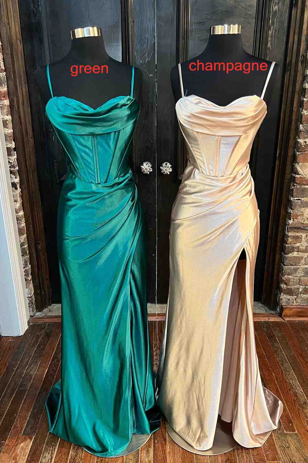 dressimeSheath Spaghetti Straps Satin Prom Dresses with Slit 