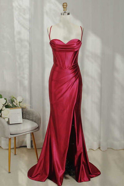 dressimeSheath Spaghetti Straps Satin Prom Dresses with Slit 