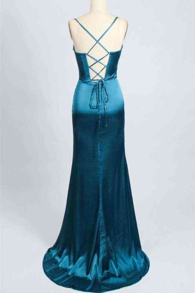 dressimeSheath Spaghetti Straps Satin Prom Dresses with Slit 