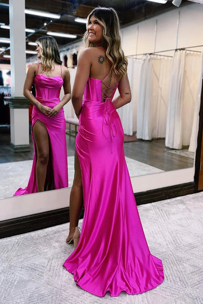 dressimeSheath Spaghetti Straps Satin Prom Dresses with Slit 