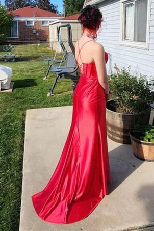 dressimeSheath Spaghetti Straps Satin Prom Dresses with Slit 