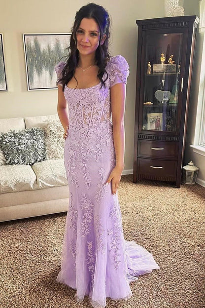 dressimeSheath Square Neck Puff Sleeves Appliques Tulle Long Prom Dress 