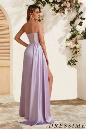 Dressime Sheath Strapless Satin Corset Slit Long Bridesmaid Dress With Train dressime