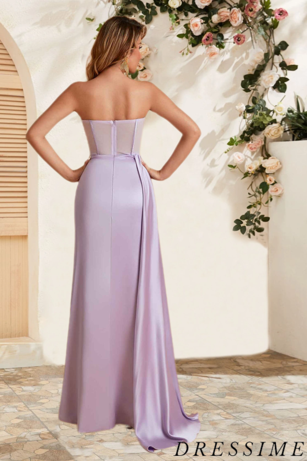 Dressime Sheath Strapless Satin Corset Slit Long Bridesmaid Dress With Train dressime