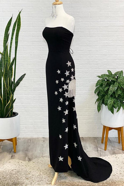 Dressime Sheath Strapless Slit Long Prom Dress with Stars and Fringes dressime