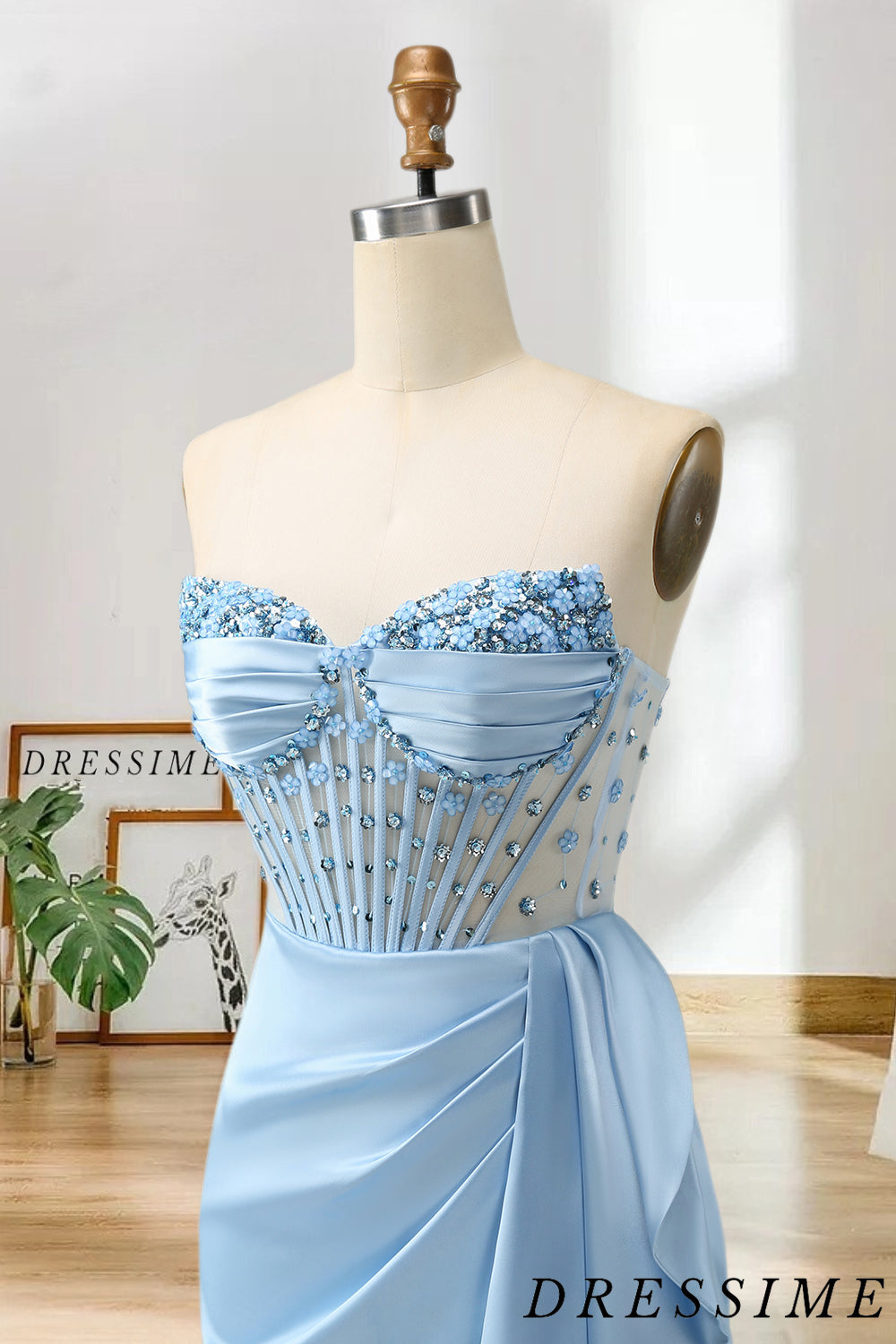 Dressime Sheath Sweetheart Beaded Corset Satin Homecoming Dress with Slit dressime