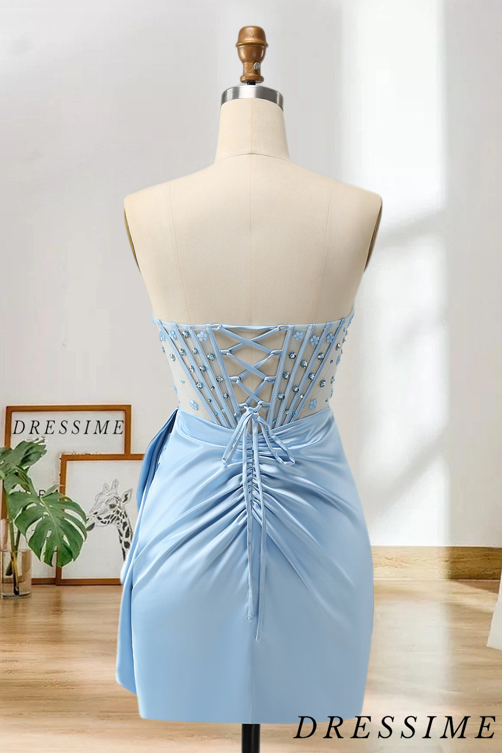 Dressime Sheath Sweetheart Beaded Corset Satin Homecoming Dress with Slit dressime