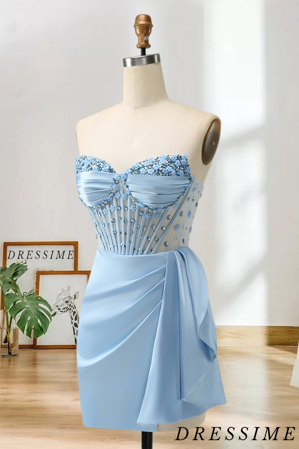 Dressime Sheath Sweetheart Beaded Corset Satin Homecoming Dress with Slit dressime