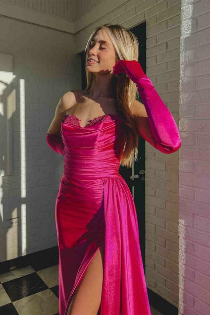 dressimeSheath Sweetheart Satin Split Prom Dresses with Attached Train 