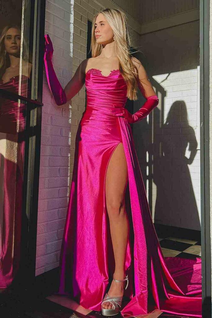 dressimeSheath Sweetheart Satin Split Prom Dresses with Attached Train 