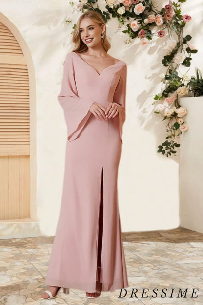 Dressime Sheath V Neck Chiffon Long Sleeves Floor Length Bridesmaid Dress With Slit dressime