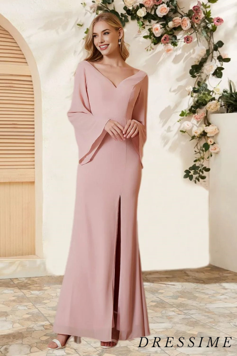 Dressime Sheath V Neck Chiffon Long Sleeves Floor Length Bridesmaid Dress With Slit dressime