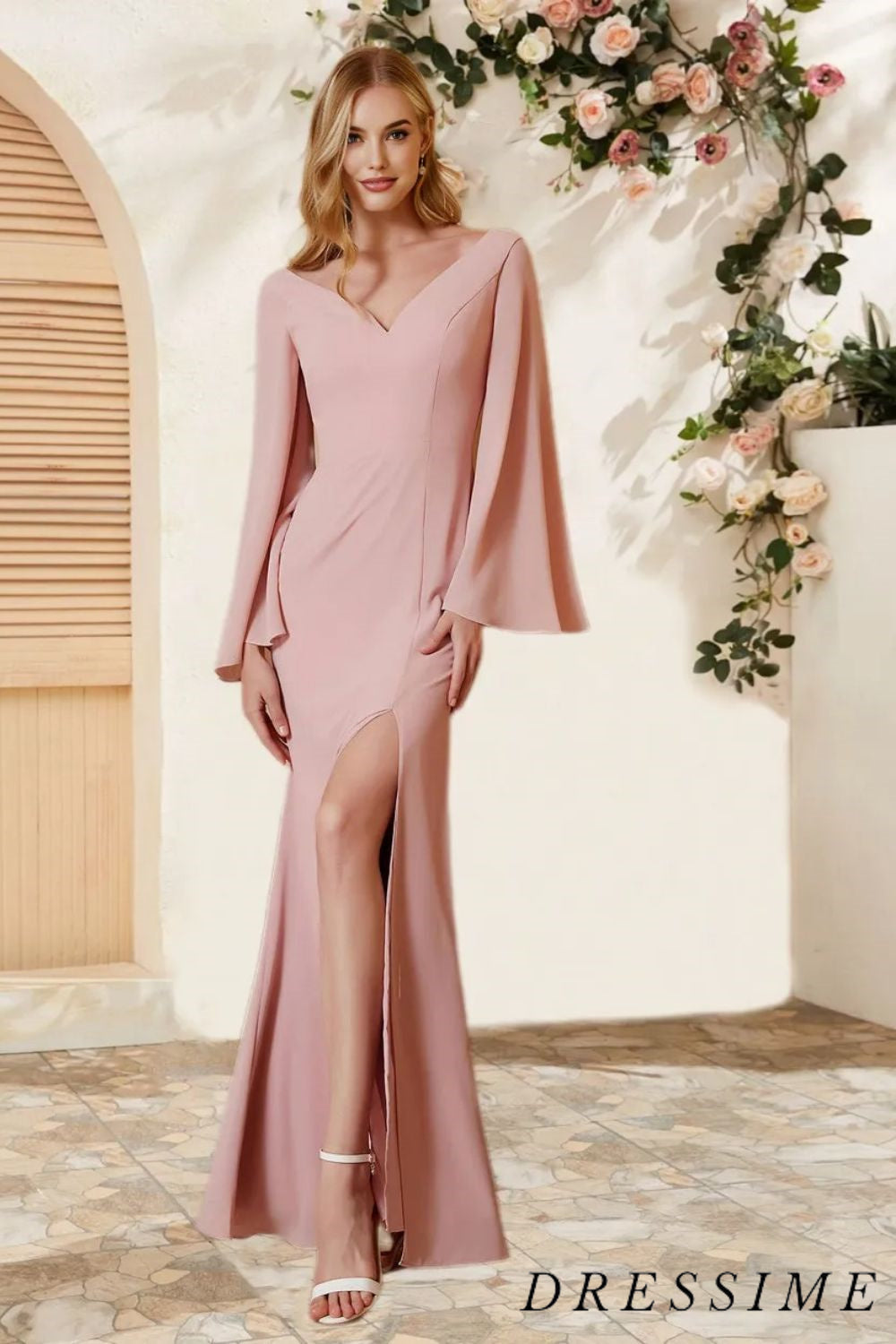 Dressime Sheath V Neck Chiffon Long Sleeves Floor Length Bridesmaid Dress With Slit dressime