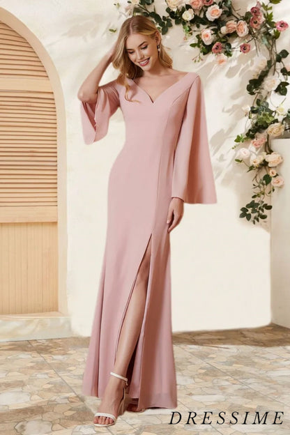 Dressime Sheath V Neck Chiffon Long Sleeves Floor Length Bridesmaid Dress With Slit dressime