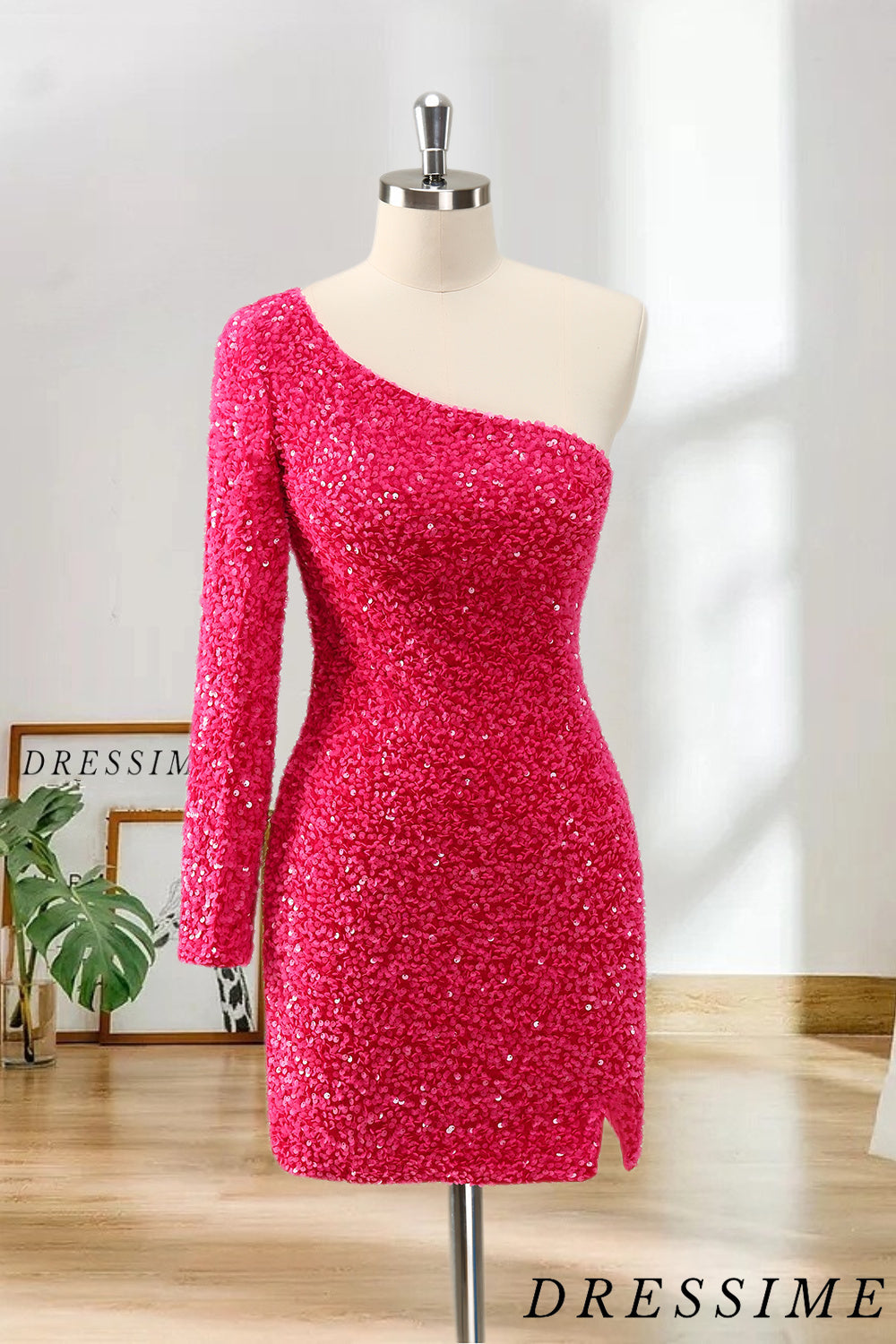 Dressime Shiny One Shoulder Sequin Homecoming Dresses With Long Sleeve dressime